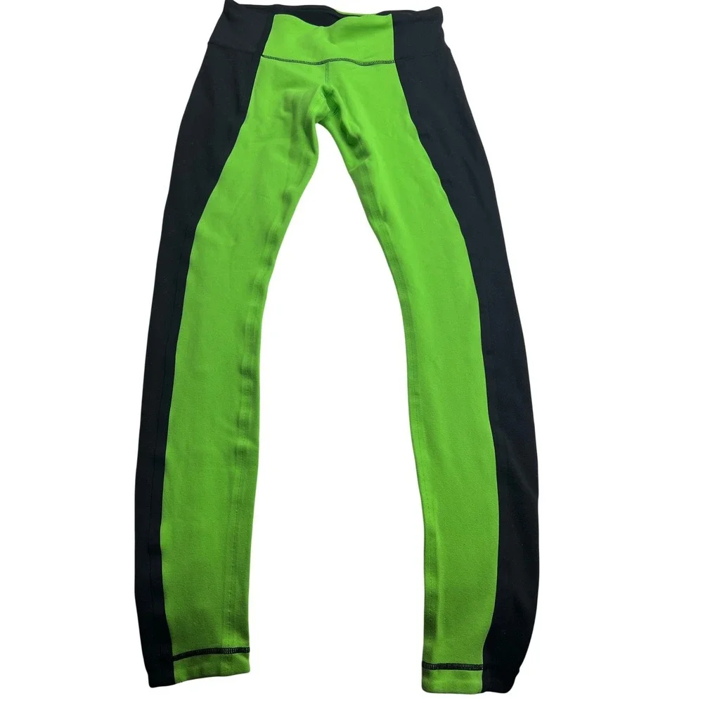 Lululemon Wunder Under Leggings Lime Green Black‎ Colorblock Sz 6 athletic gym